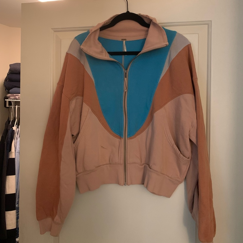 Free people pink and blue retro style zip up sweatshirt